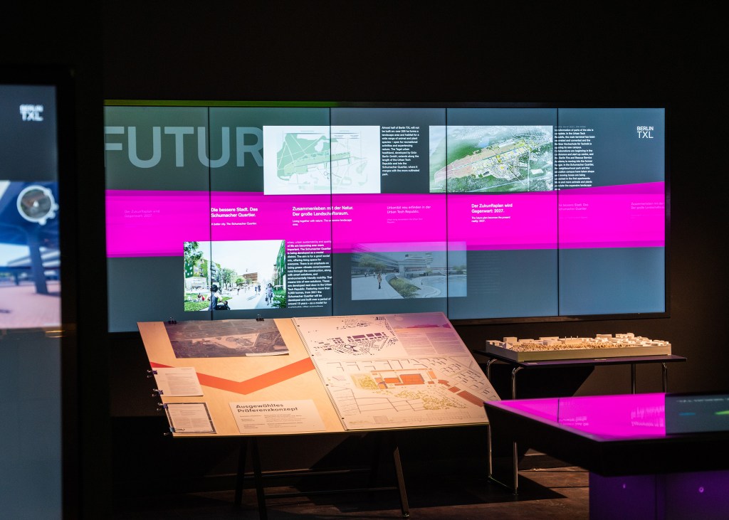 The image shows a five-part display wall depicting the future of the Berlin TXL area.