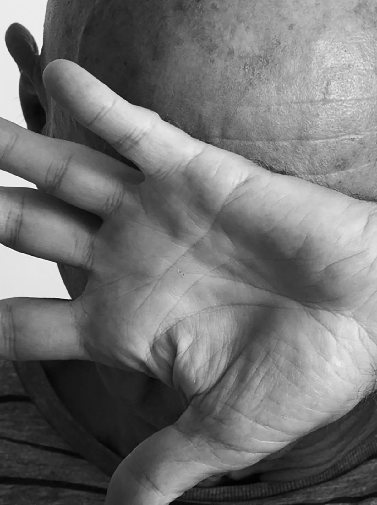 Der Künstler hält eine geöffnete Handfläche schräg vor sein Gesicht und verdeckt es teilweise.