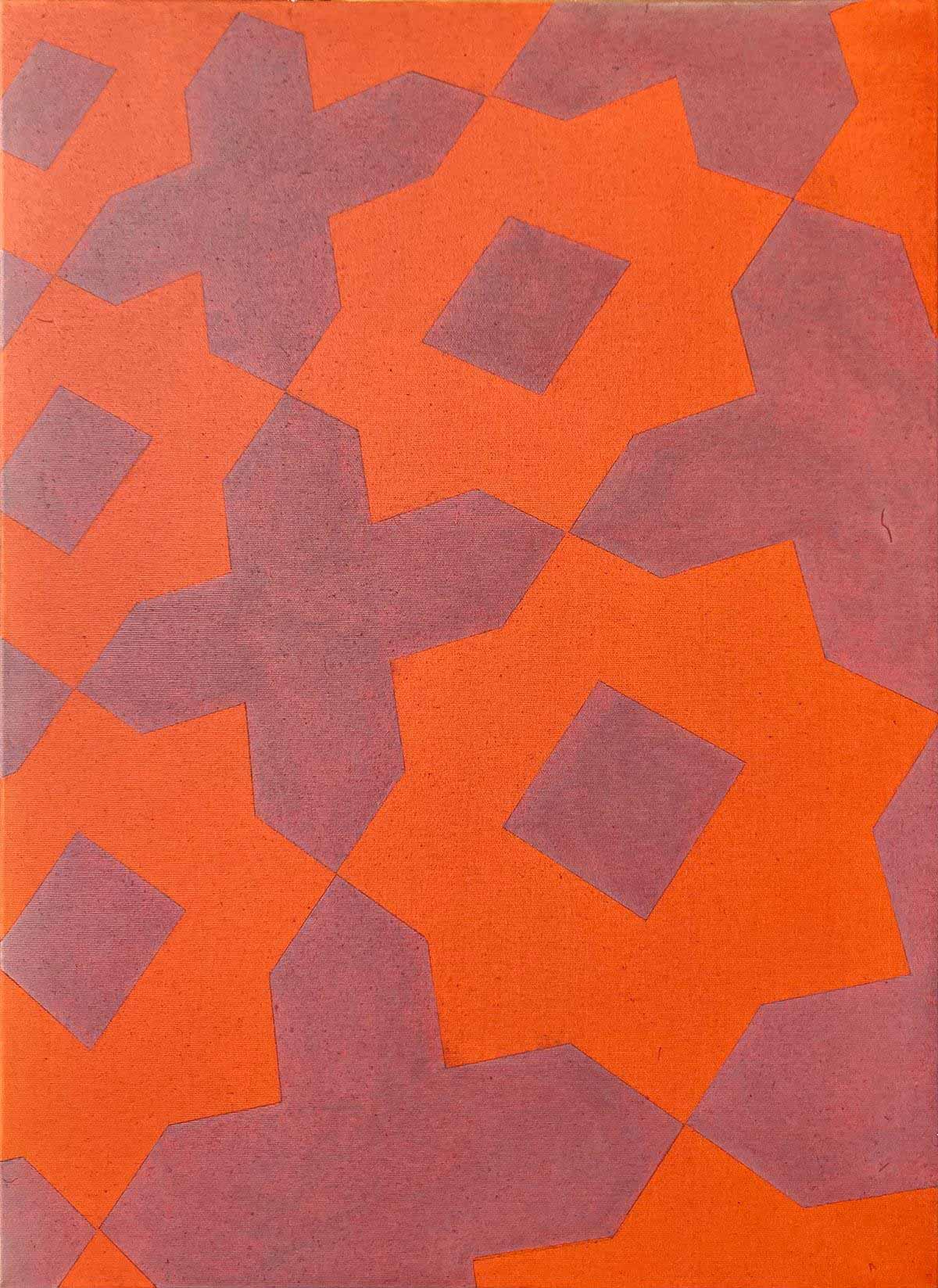 Marcel Peltier – Werkserie „Orientalische Ornamente“ (2021): Dicht angeordnetes Ornament aus überlappenden stern- und kreuzartigen Formen in Orangetönen mit violetten Flächen.