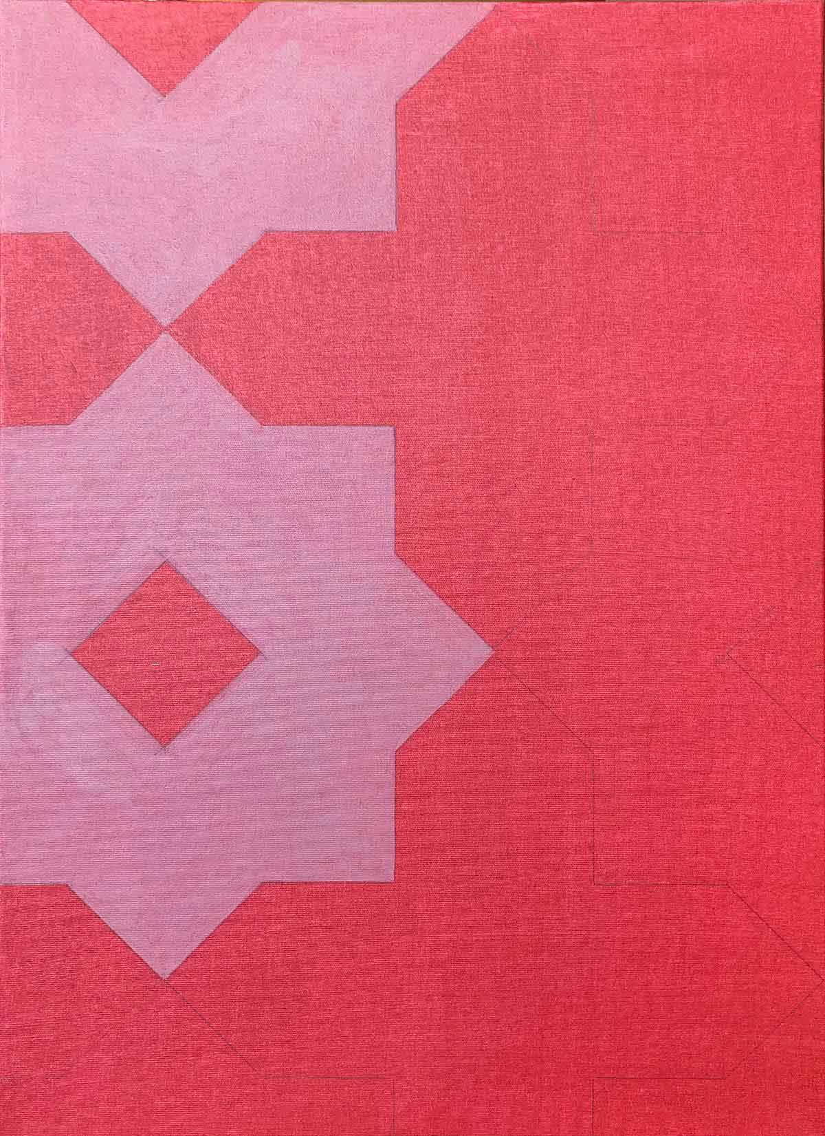 Marcel Peltier – Werkserie „Orientalische Ornamente“ (2021): Geometrisches Muster aus rautenähnlichen Formen in Rosa- und Rottönen, klar voneinander abgegrenzt.