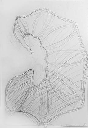 Teil der Serie cocoon, skizze zu objekt, berlin 2007: Freihändig gezeichnete organische Form mit geschwungenen Linien und überlappenden Bleistiftspuren, die ein coconartiges Volumen andeuten.