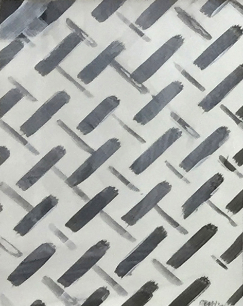 Acryl- und Kreidearbeit mit dicht gesetzten, diagonal angeordneten dunklen Strichmarken auf hellem Hintergrund.