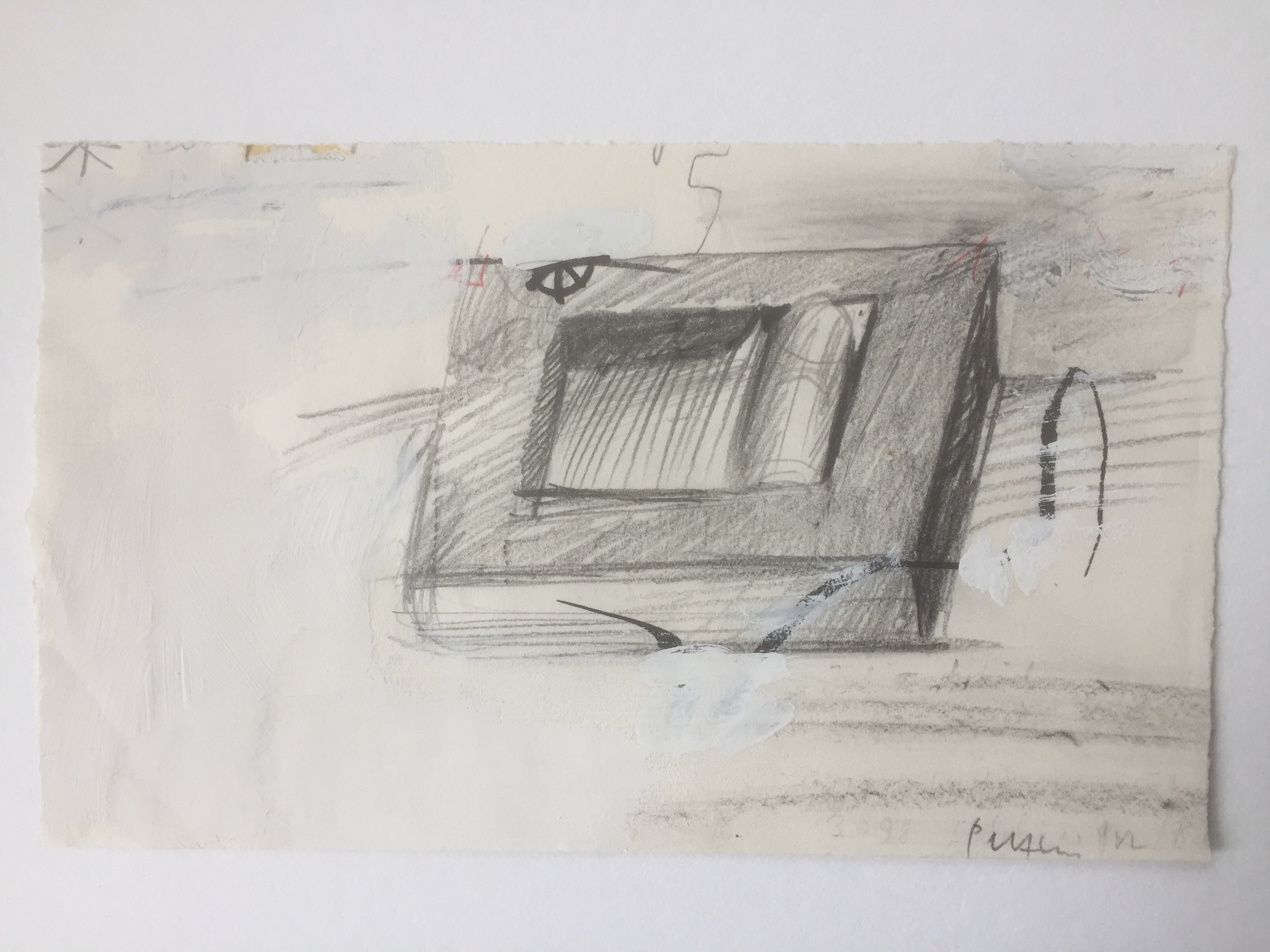 Bleistiftzeichnung eines rechteckigen, kastenartigen Objekts mit schraffierten Innenflächen und angedeuteten perspektivischen Linien.