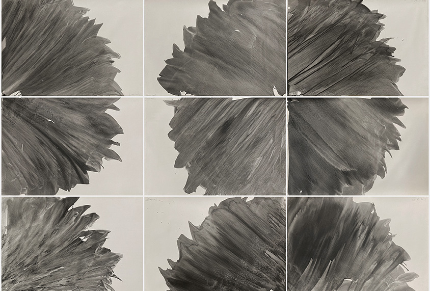 Marcel Peltier – Werkserie "Les Fleurs du Mal " (2023): Eine 3×3-Bildserie abstrakter, monochromer Kompositionen. In jedem Feld sind dunkelgraue bis schwarze, pinselartige Formen auf hellem Hintergrund zu sehen. Die gestischen, fächer- oder blütenähnlichen Strukturen wirken wie übereinandergelegte Tusche- oder Farbstriche und variieren subtil in Textur, Dichte und Ausrichtung über die neun Bilder hinweg.