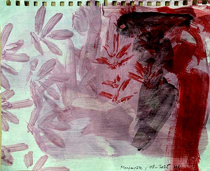 Marcel Peltier – „Morgenröte“ (2025): Abstrakte, farbintensive Komposition mit seriellen, blüten- oder keimartigen Formen in Rosa- und Violetttönen. Eine dunkle, vertikale Farbfläche in Rot und Schwarz setzt einen starken Kontrast zu den rhythmisch verteilten, gestischen Elementen auf hellem Grund.