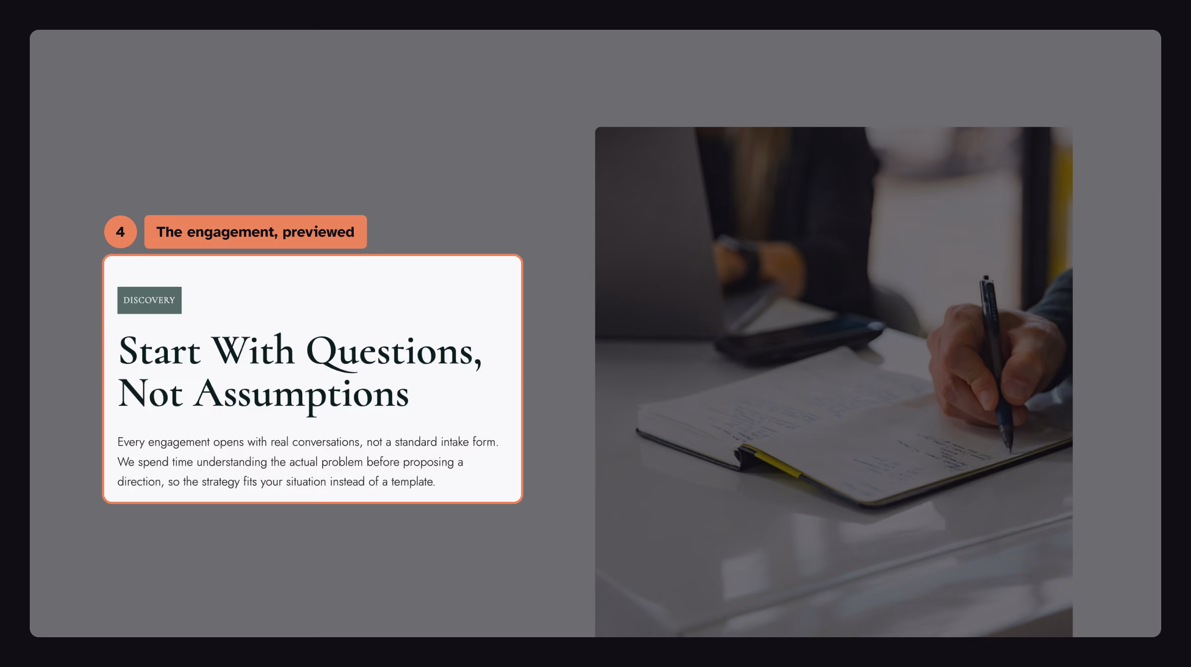 The engagement, previewed: Socium process step titled “Start with questions, not assumptions,” written from the client’s point of view, highlighted.