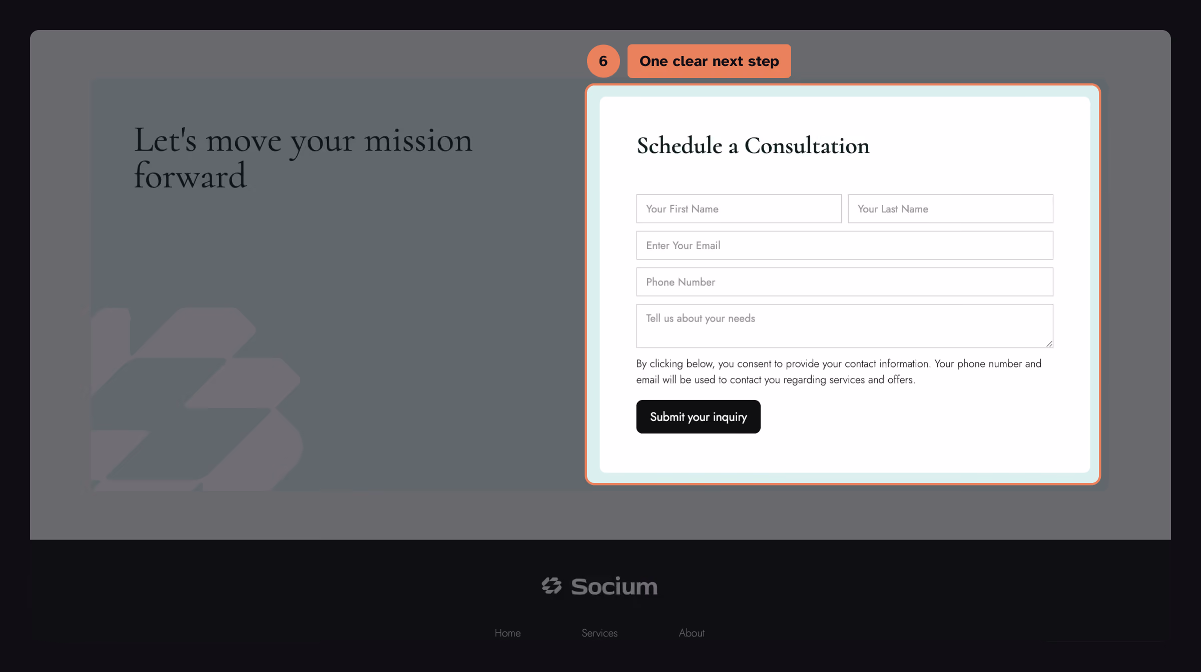 One clear next step: Socium consultation form with name, email, phone and a short message field, highlighted.