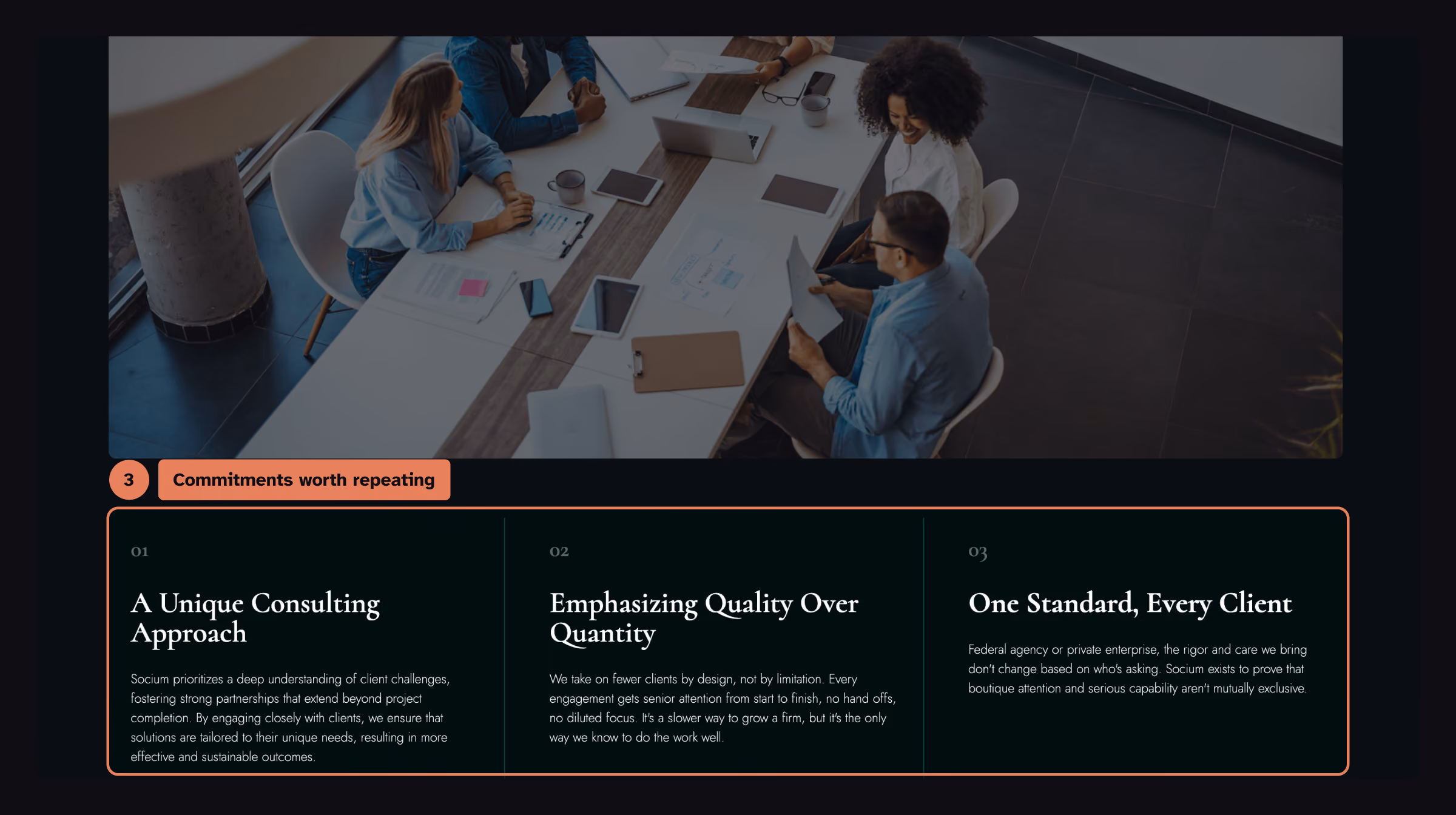 Commitments worth repeating: Three principles on the Socium homepage, covering depth, senior attention and one standard for every client, highlighted.