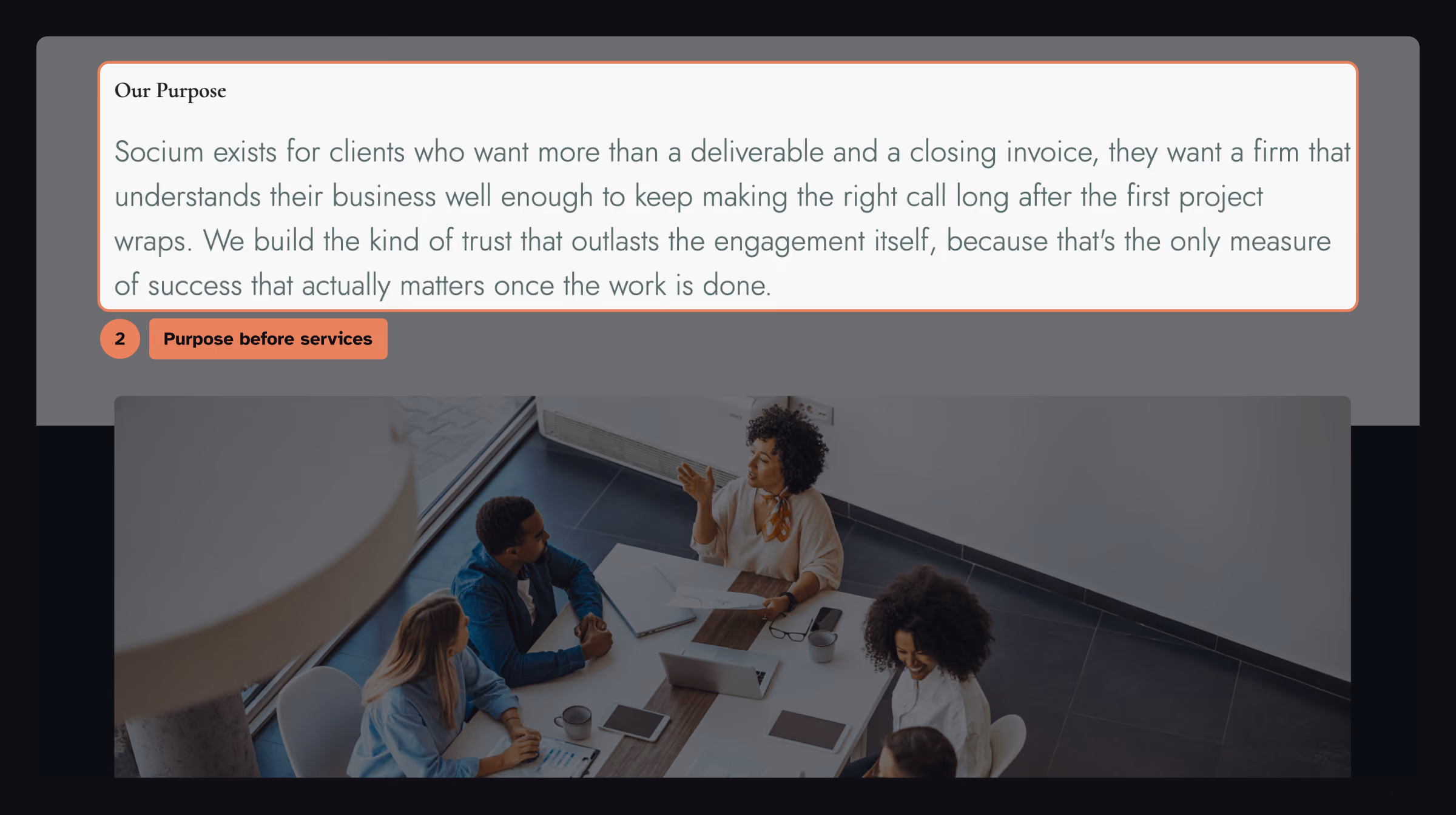 Purpose before services: Socium’s purpose statement, placed above the services section, highlighted.