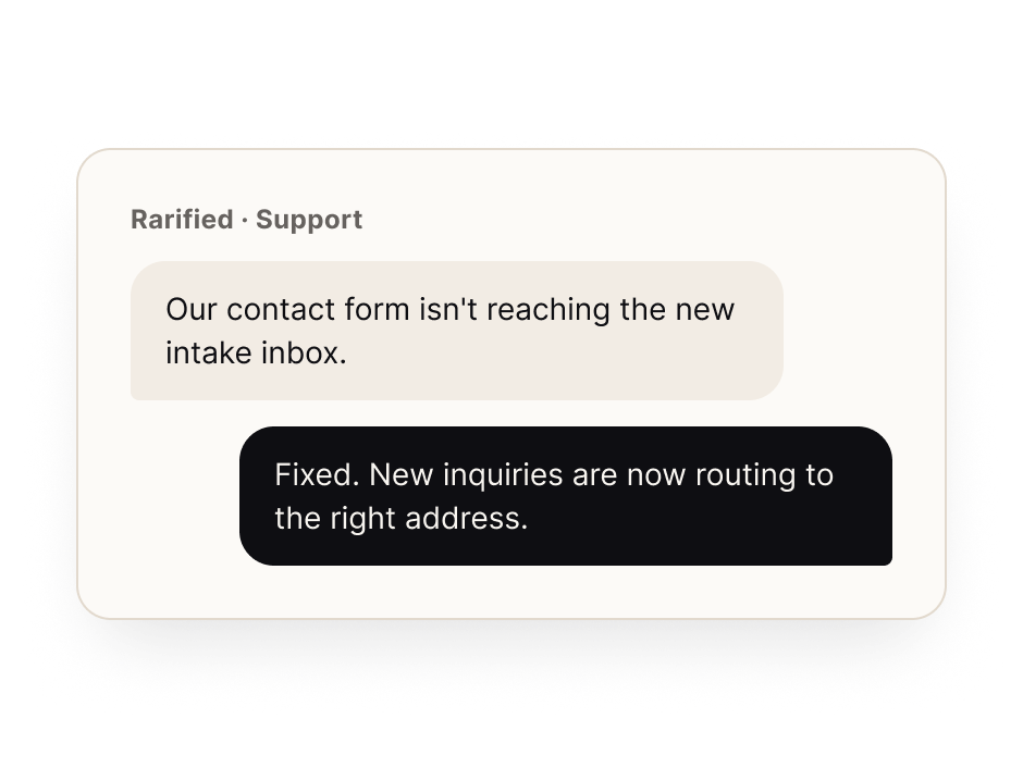 Message thread in which a client reports a contact form problem and Rarified confirms it is fixed.