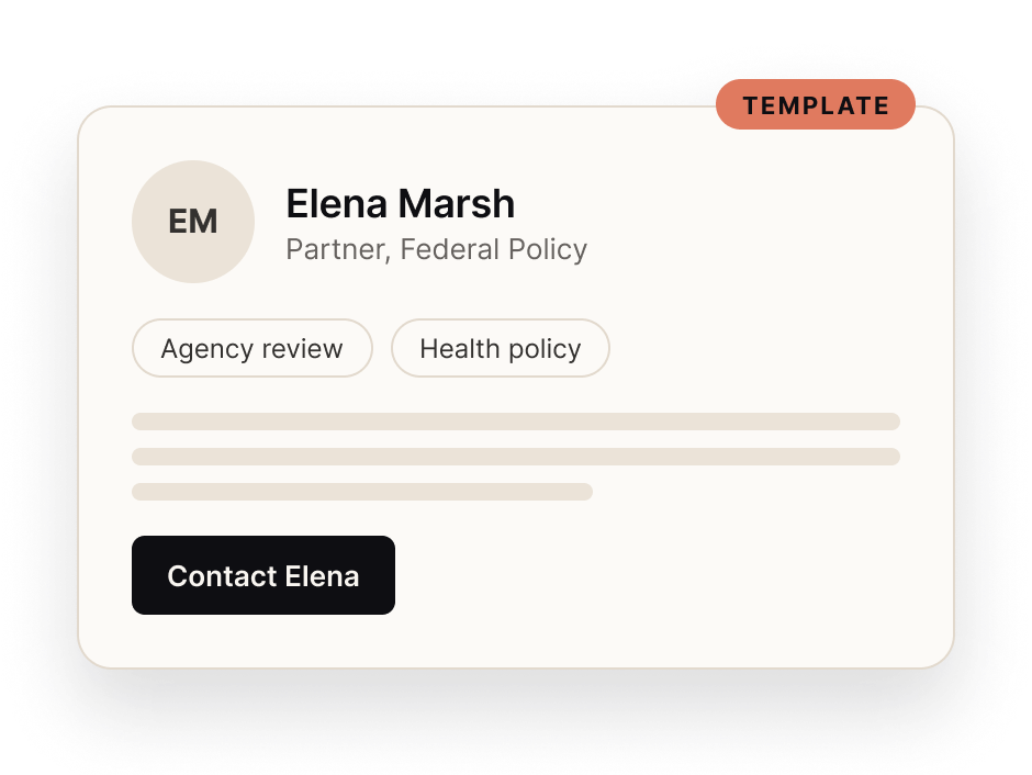 Partner bio template showing a name, title, focus areas and a contact button.