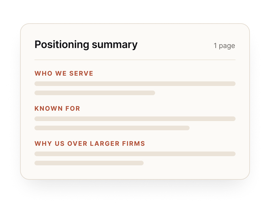 One page summary with sections for who the firm serves, what it is known for and why clients choose it over larger firms.