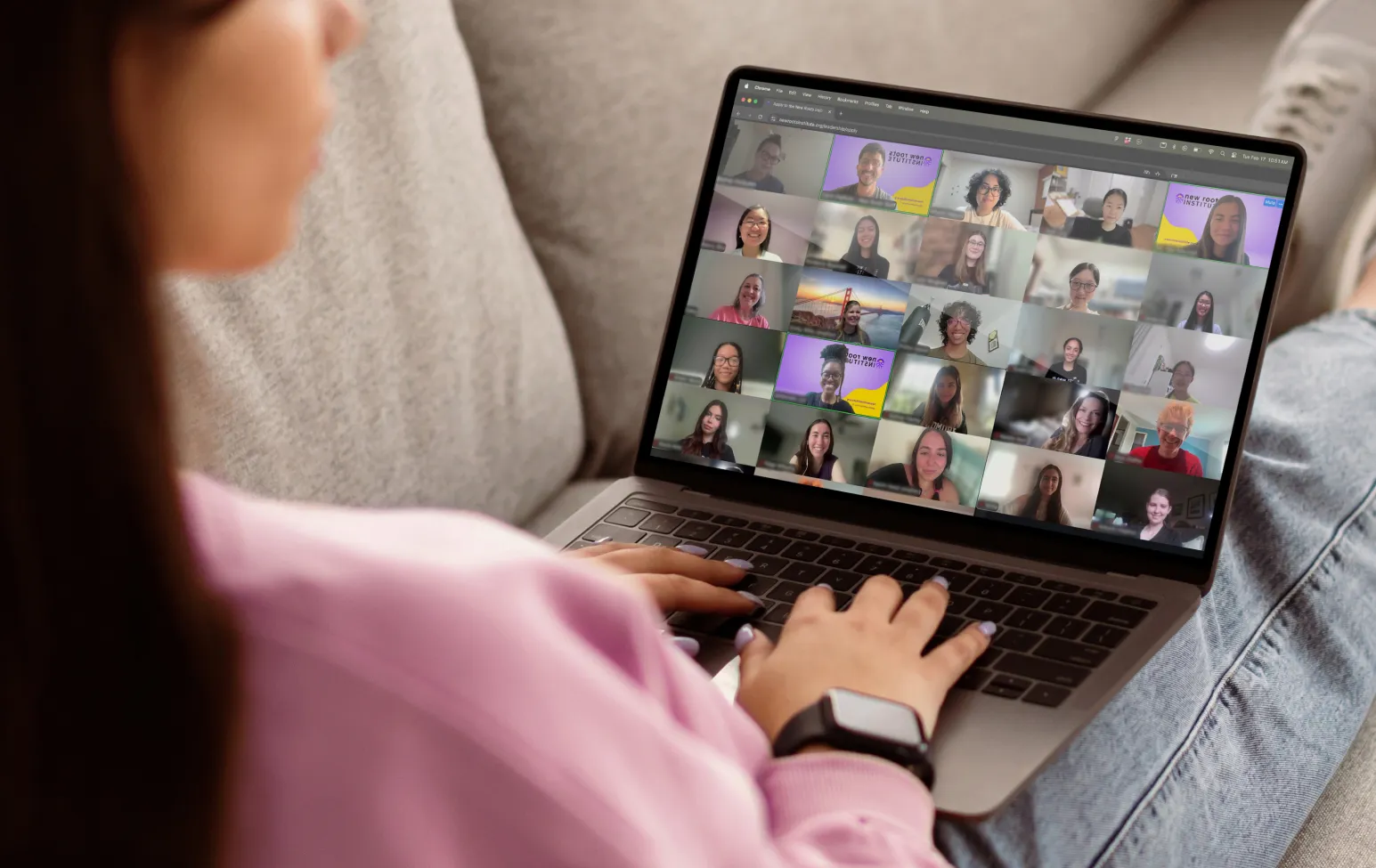 Student on a laptop attending a New Roots Institute virtual session