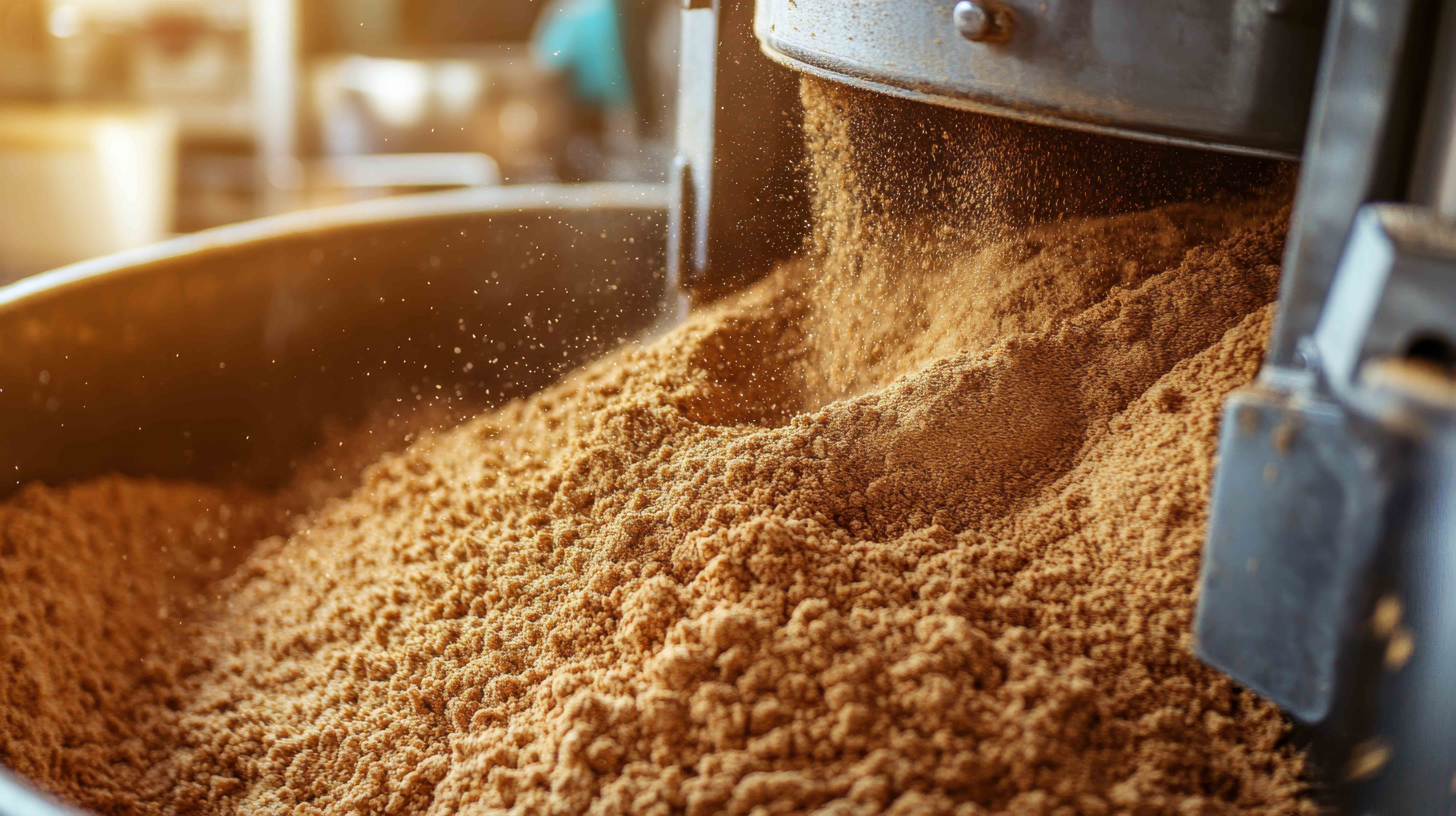 Brown granular material pouring from industrial machine into large container under warm lighting.