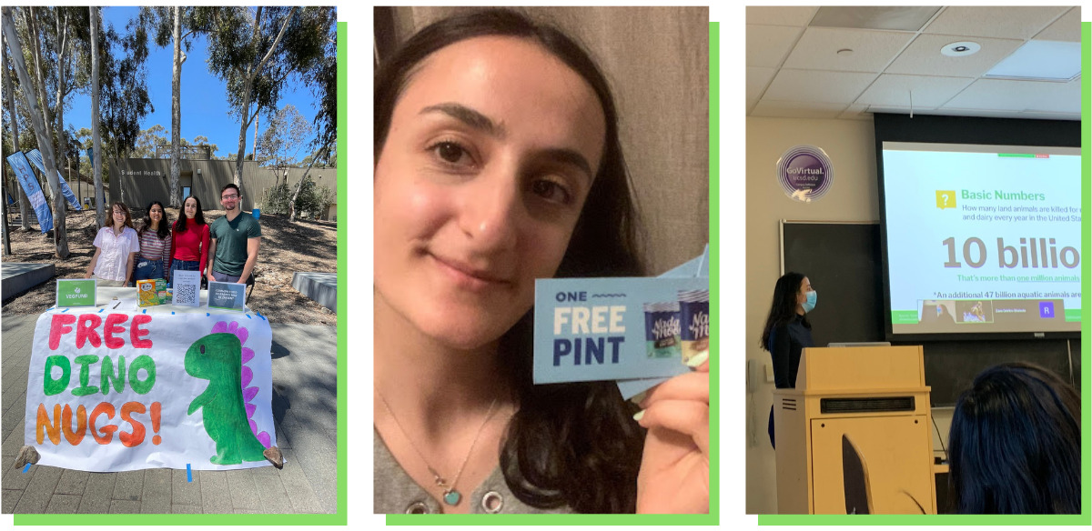 A collage of 3 pictures including Arpi tabling with students on campus, holding up free vegan sample cards, and giving a lesson