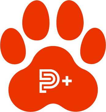 Red paw print icon with a white capital letter P and a plus sign inside the main pad.