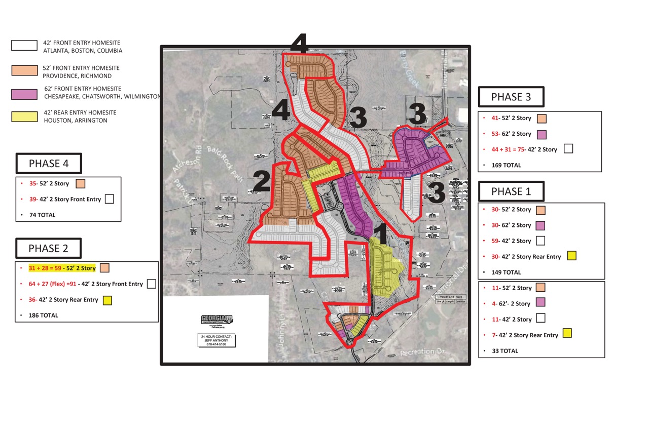 Woodland Creek residential development map showing four phases with colored zones representing different front and rear entry homesites and the number of 2-story homes in each phase showing PEC service land planning.
