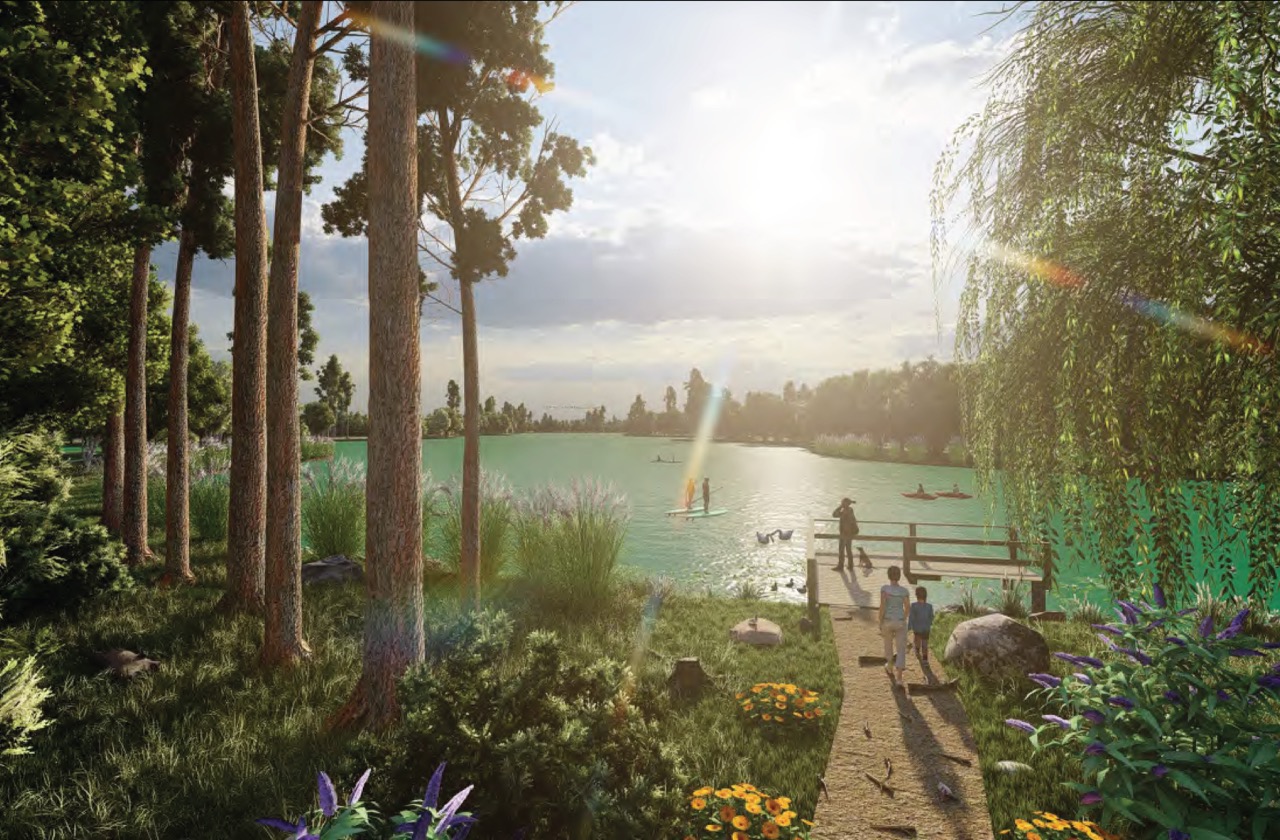 Sunlit lakeside scene with people paddleboarding, walking on a path, and a photographer on a wooden dock surrounded by trees and flowers showing PEC service land planning.