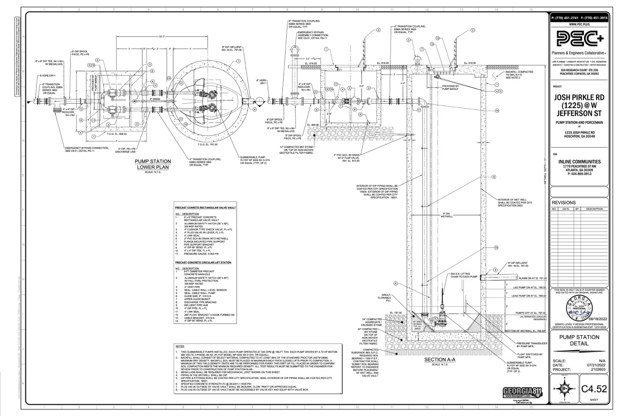 Technical engineering drawing of a pump station lower plan and section A-A with detailed annotations, parts list, and specifications showing PEC service Pump Station Design.