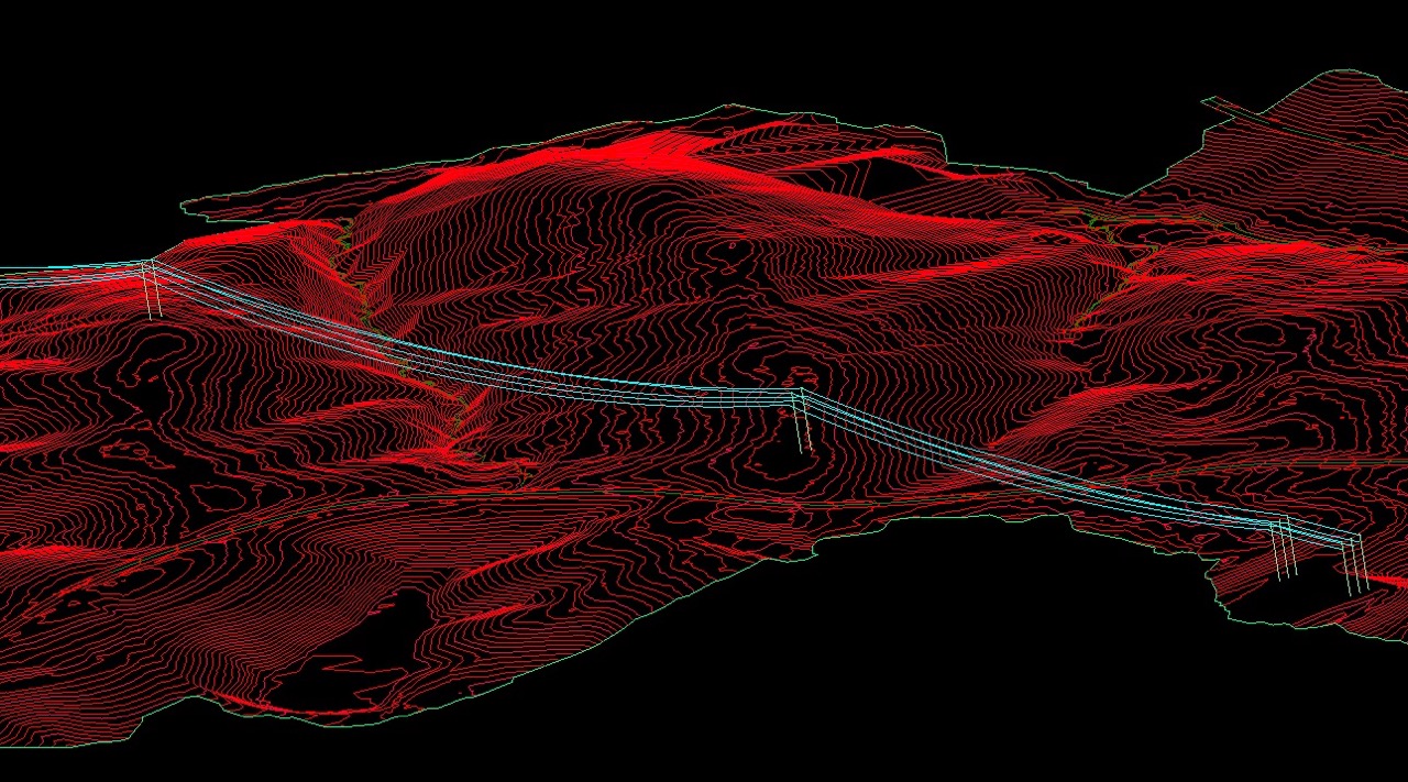 3D topographic contour map with red elevation lines and a light blue pipeline crossing the terrain showing PEC Aerial Field service.