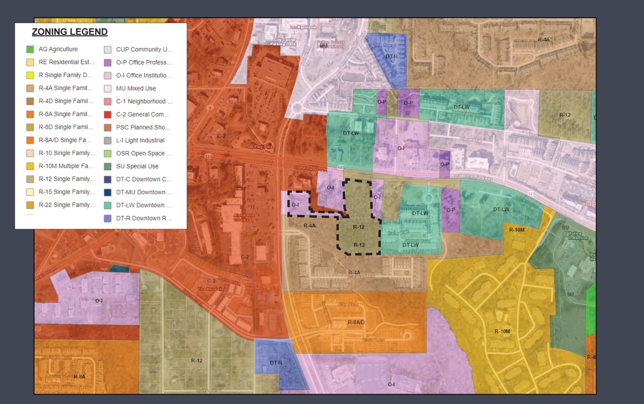 Color-coded zoning district map created through PEC’s zoning design services to support rezoning and entitlement analysis.