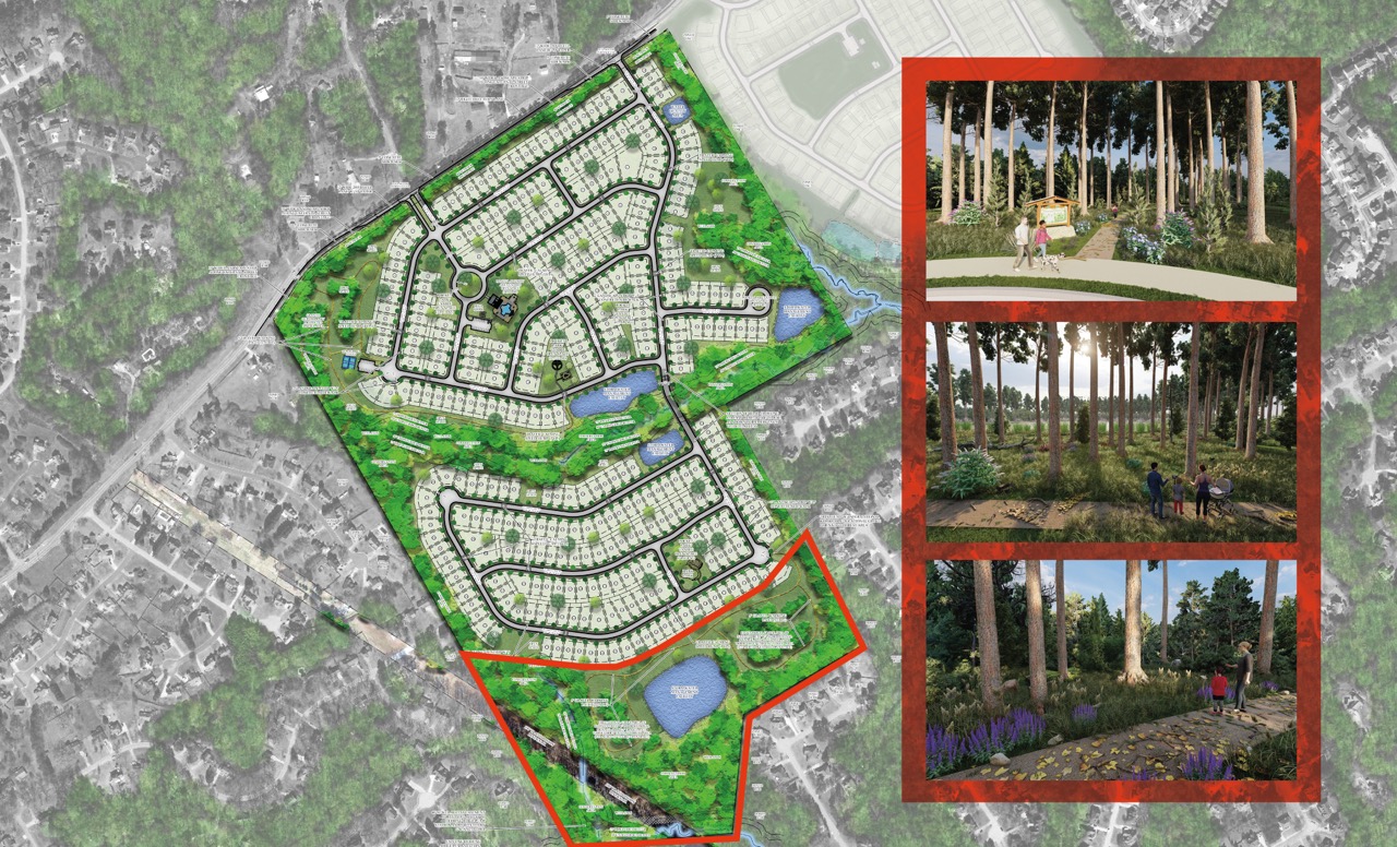 Conceptual site plan and visual renderings developed through PEC’s zoning design services, illustrating residential layout, open space, and trail connections.