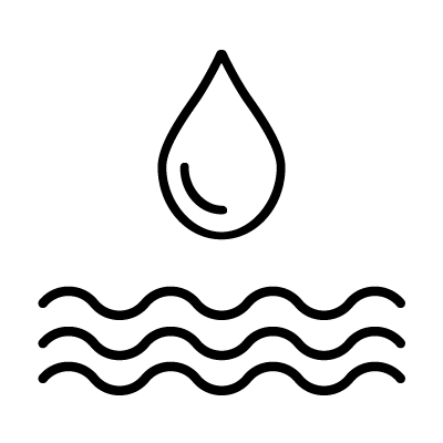 PEC outline icon of a water droplet above three horizontal wavy lines representing PEC water resources services.