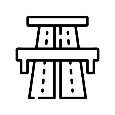 PEC outline icon of a highway overpass with two lanes and dashed road markings representing PEC Roadway Design Service.