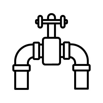 PEC outline icon drawing of a valve with two connected pipes and a handwheel on top showing Pump Station Design.