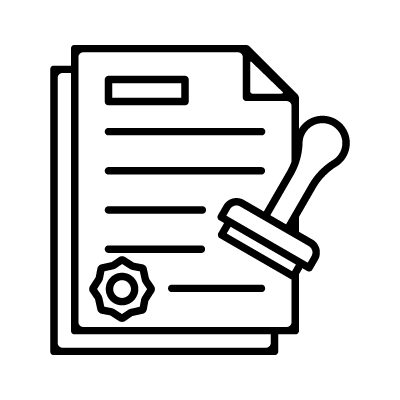 PEC Icon of two documents with lines of text, one displaying a seal, and a stamp marking over them showing PEC service Permit Expediting. 