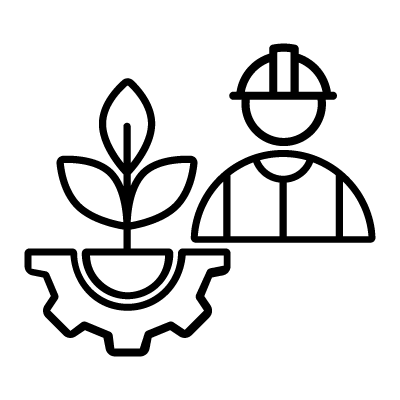 Outlined icon of a person wearing a hard hat next to a plant growing from a gear, symbolizing PEC service environmental engineering.