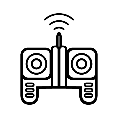 Outlined icon of a drone controller with two joysticks and a signal antenna emitting wireless waves symbolizing PEC Aerial Services.