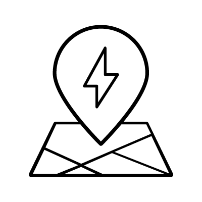 Outlined icon of a map below an electric bolt symbol inside a location marker symbolizing PEC Utility Locate (SUE) service. 