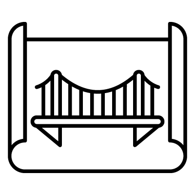 PEC outlined icon of a suspension bridge on a rolled scroll or blueprint.