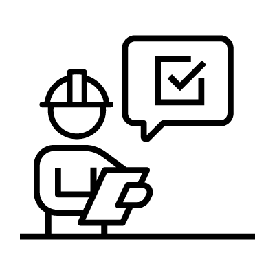 PEC Outlined icon of a person wearing a hard hat holding a clipboard with a speech bubble containing a checkmark.