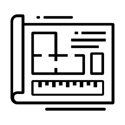 Outlined icon of a rolled blueprint with architectural land plan and ruler symbolizing PEC Land Planning service.
