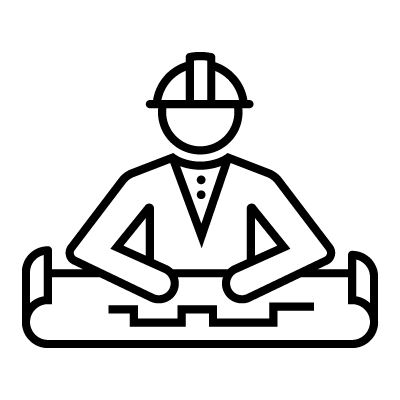 Outlined icon of a person wearing a hard hat looking at a landscape architectural plan symbolizing PEC Landscape Architecture service.