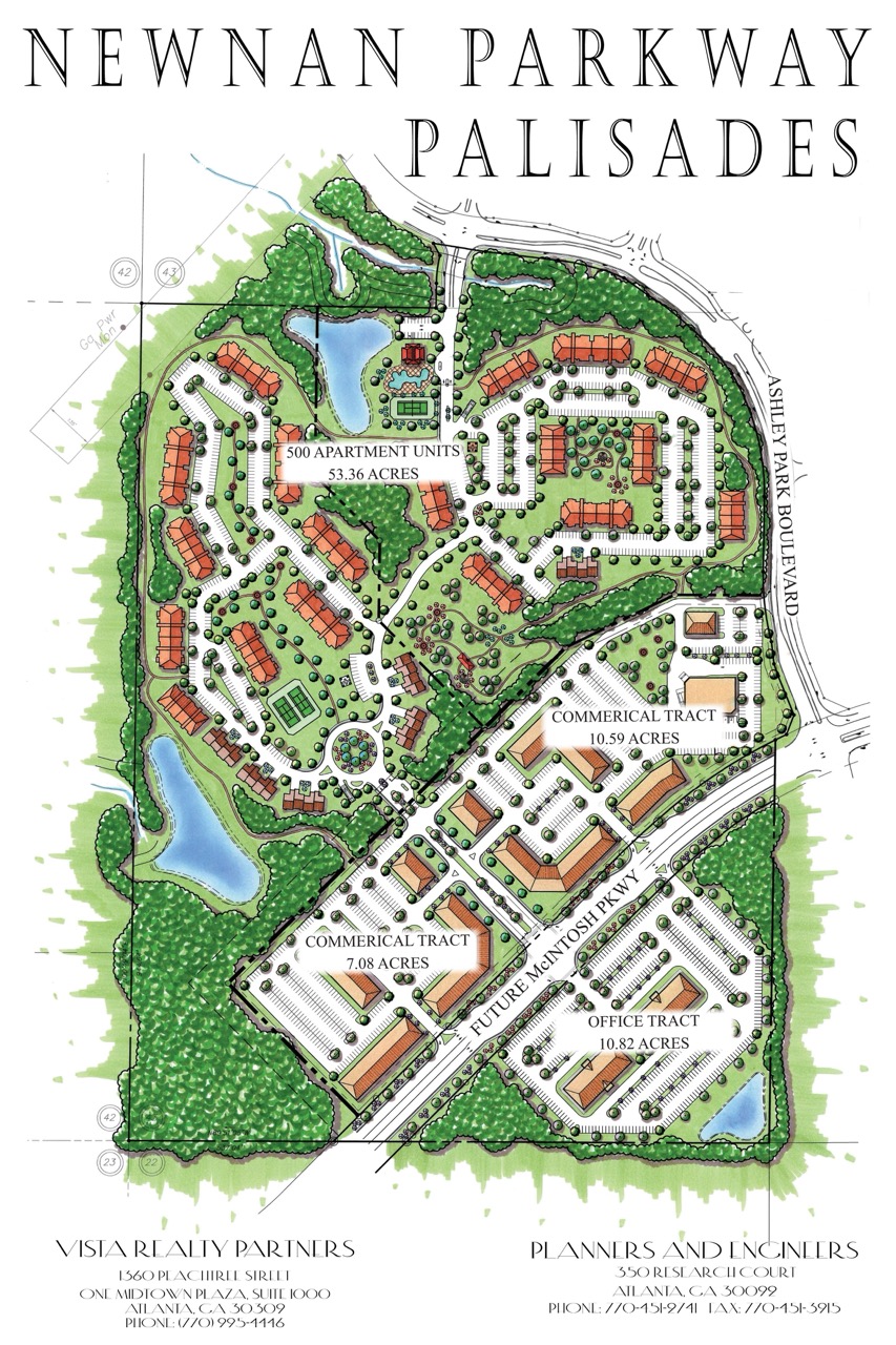 Illustrated site plan of Newnan Parkway Palisades along Newnan Crossing Bypass showing apartment buildings, commercial tracts, internal roads, green space, and ponds.
