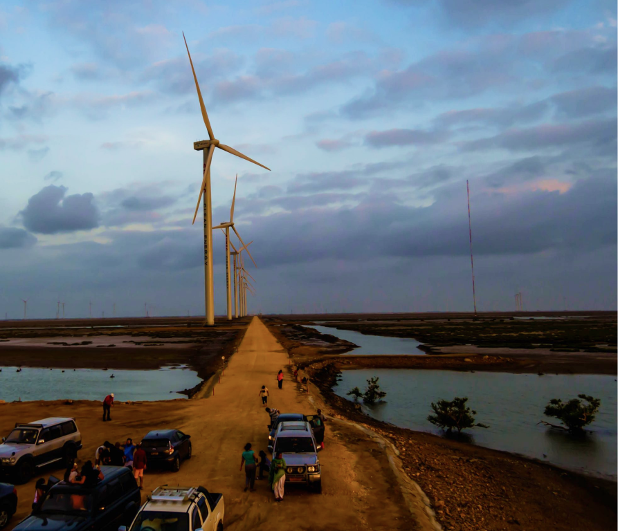 Several people and vehicles gathered on a dirt road leading to a row of wind turbines along a coastal wetland at dusk.