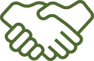 Simple green outline icon of two hands shaking in a handshake.