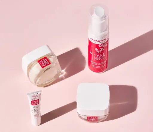 Hada Labo products on pink table
