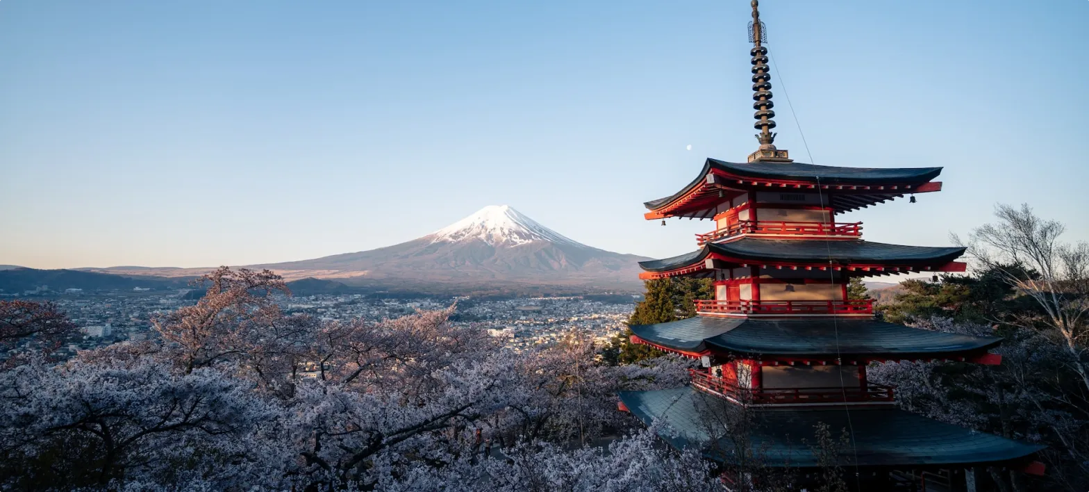 Japanese building with Mount Fuji in the background