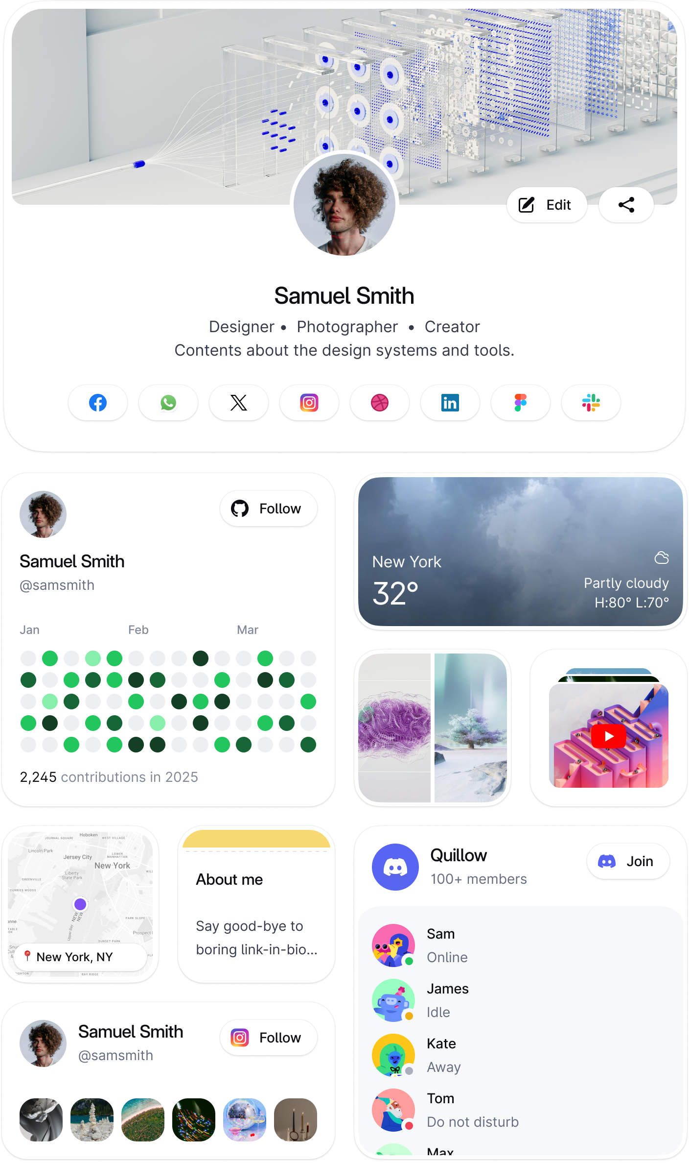 screenshot of the Quillow micro-site profile