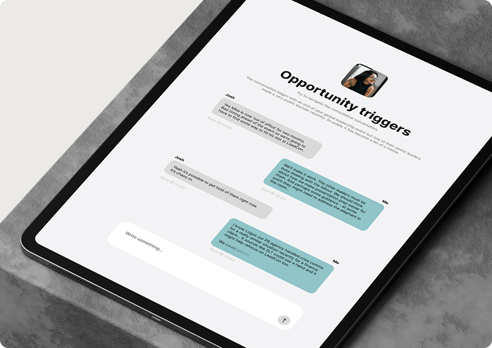 AI stakeholder simulation chat, 'Opportunity triggers', shown on a tablet