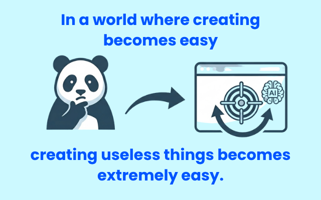 Text says creating is easy but making useless things is extremely easy, with panda and AI target icons. - Moov