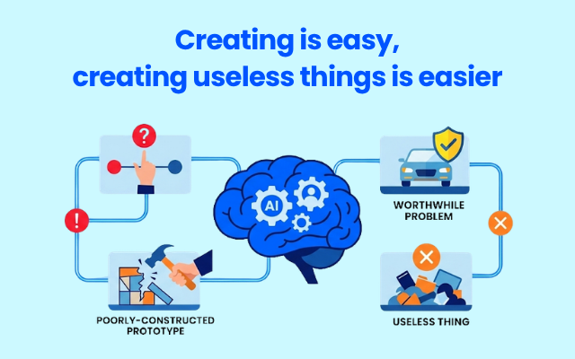 Text says creating is easy but making useless things is extremely easy, with panda and AI target icons. - Moov