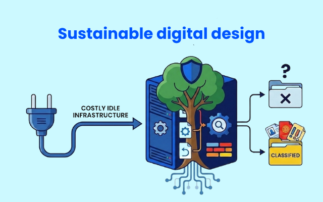 Illustration showing digital impact from data centers releasing CO2 and sustainable design using renewable energy. - Moov