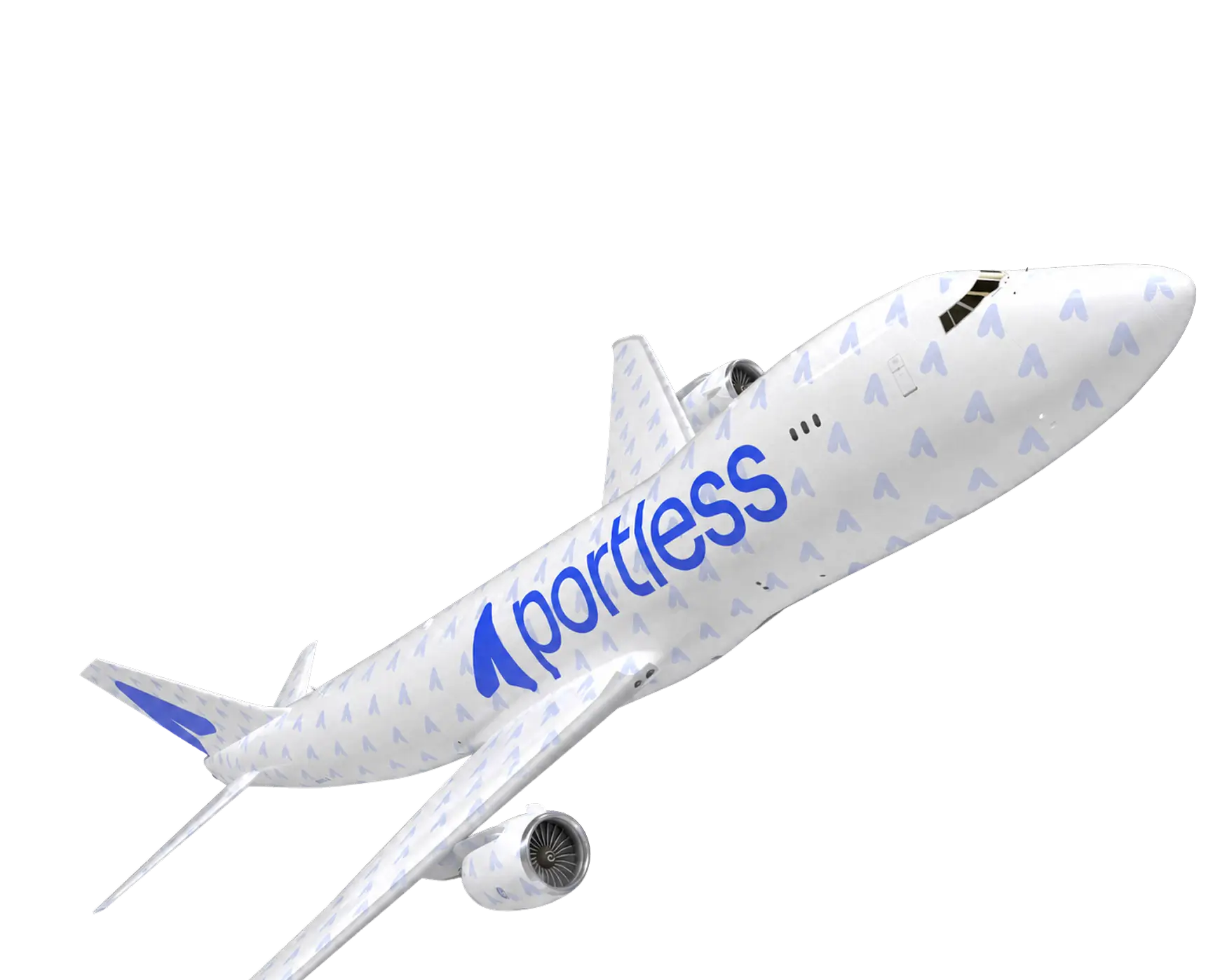 White airplane with blue 'portless' logo viewed from front side angle in flight.