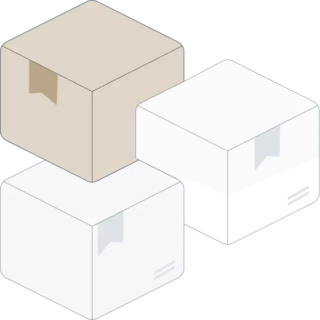 Three stacked cardboard boxes in beige and white with tape seals on a white background.