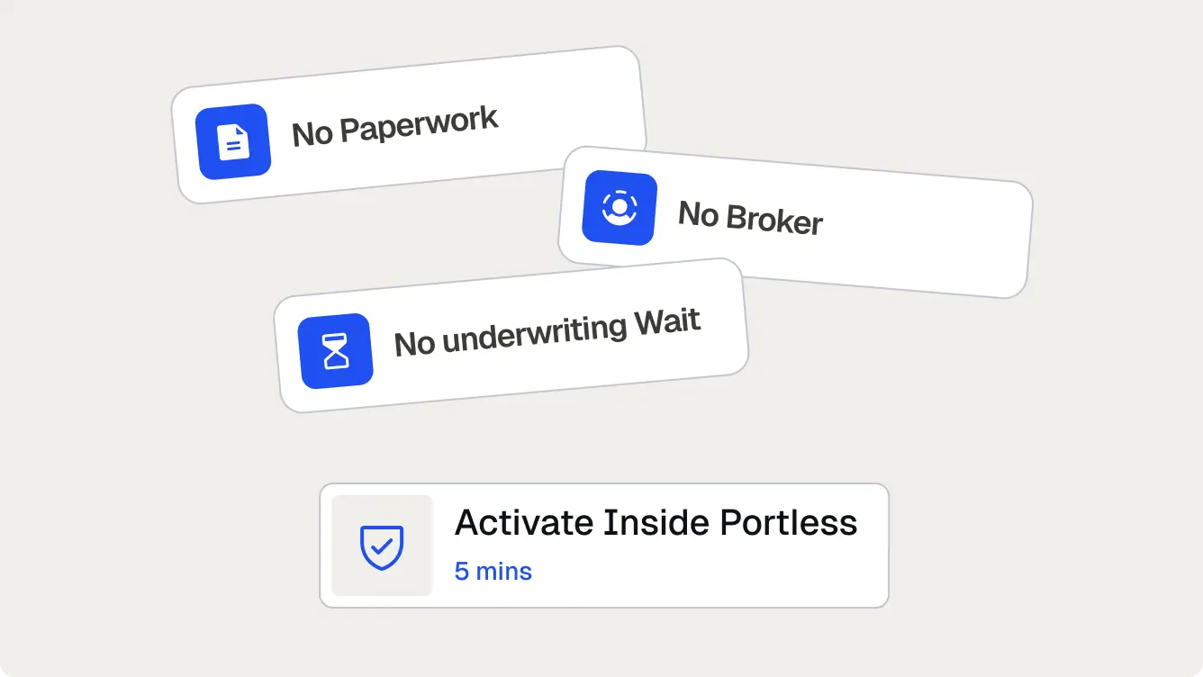 Icons and text stating no paperwork, no broker, no underwriting wait, activate inside Portless in 5 mins.